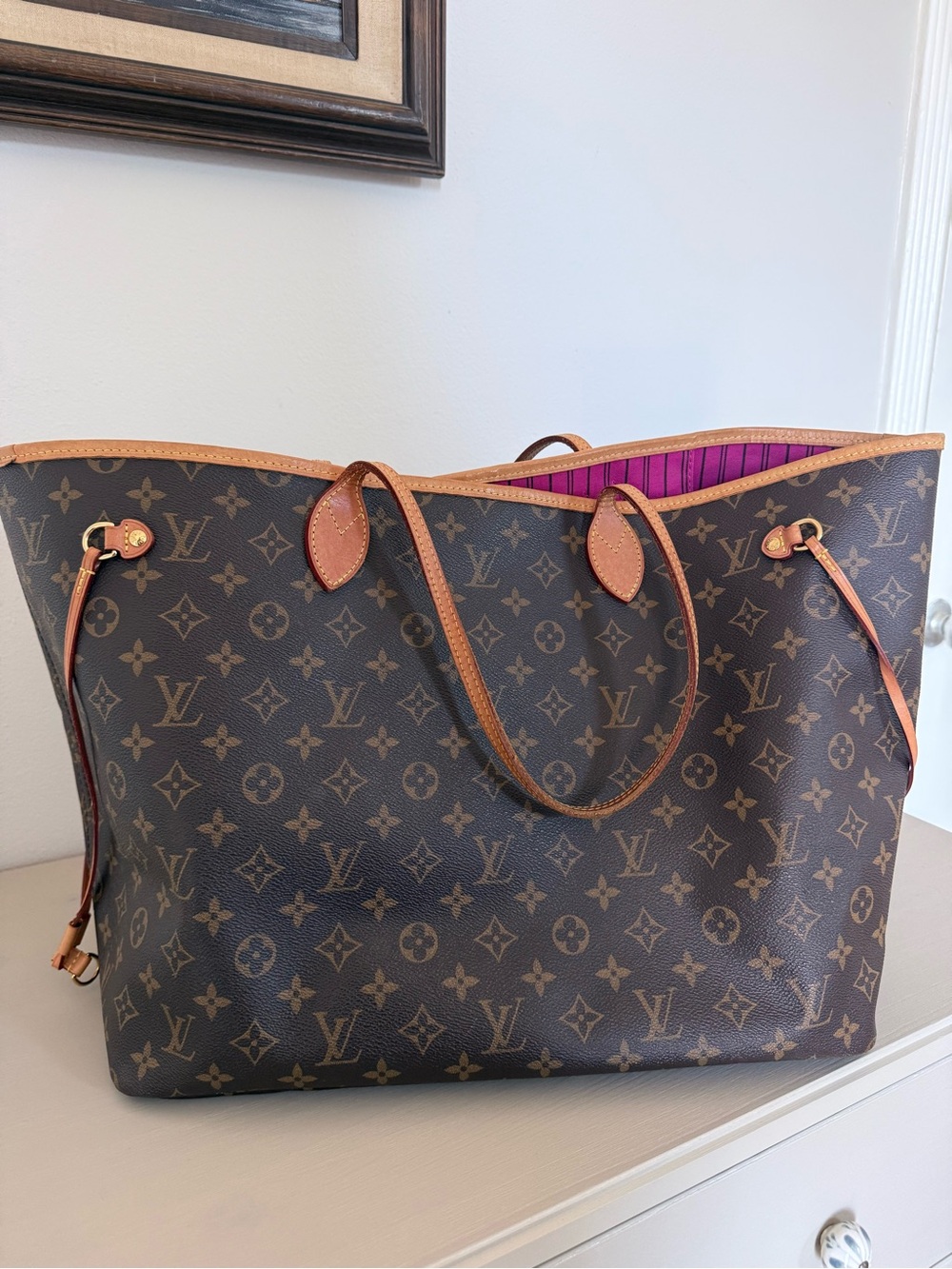 Louis Vuitton Monogram Neverfull Tote Bag in Brown with Pink Interior